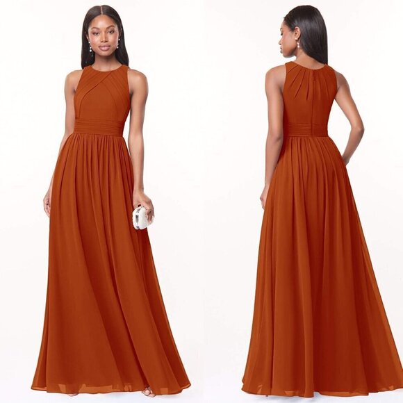 Azazie Harper Flowy Pleated Chiffon Maxi Dress Paprika Size 10 - Picture 9 of 13